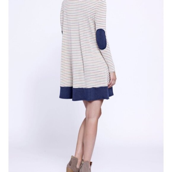 Anthropologie Puella Striped Swing Dress Long Sleeve Elbow Patch Multicolor M - Picture 2 of 13